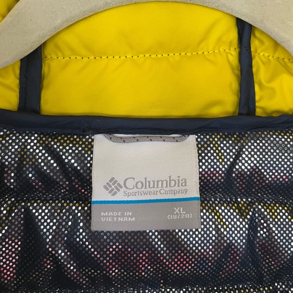 Columbia Boys XL Powder Lite Navy Blue Yellow Hooded Puffer Coat Omni Heat 18/20 - Picture 6 of 6